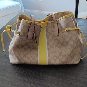 Coach Khaki Signature Canvas Tote with Yellow Stripe